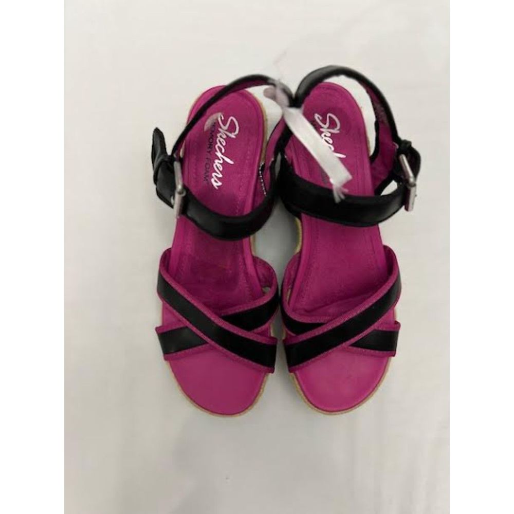 Woman's Skechers Heart breaker Pink Black Wedge Sandals Ankle Strap Size 9